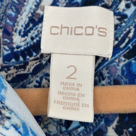 Chico's Duster Blouse Size L Blue White Paisley Button Up Semi Sheer Longline - Picture 3 of 12